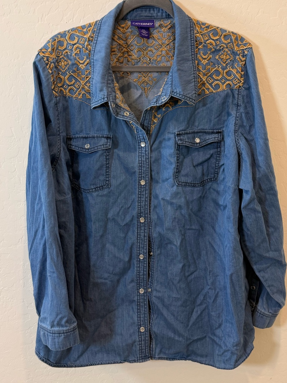 Denim Button-Up Shirt with Gold Embroidered Yoke